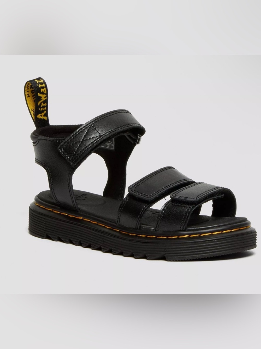 Dr. Martens Black Leather Kids' Triple-Strap Sandals with Yellow Pull-Tab